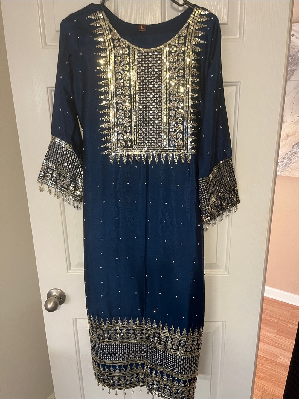 Embellished Navy Long Sleeve Dress with Gold Detailing